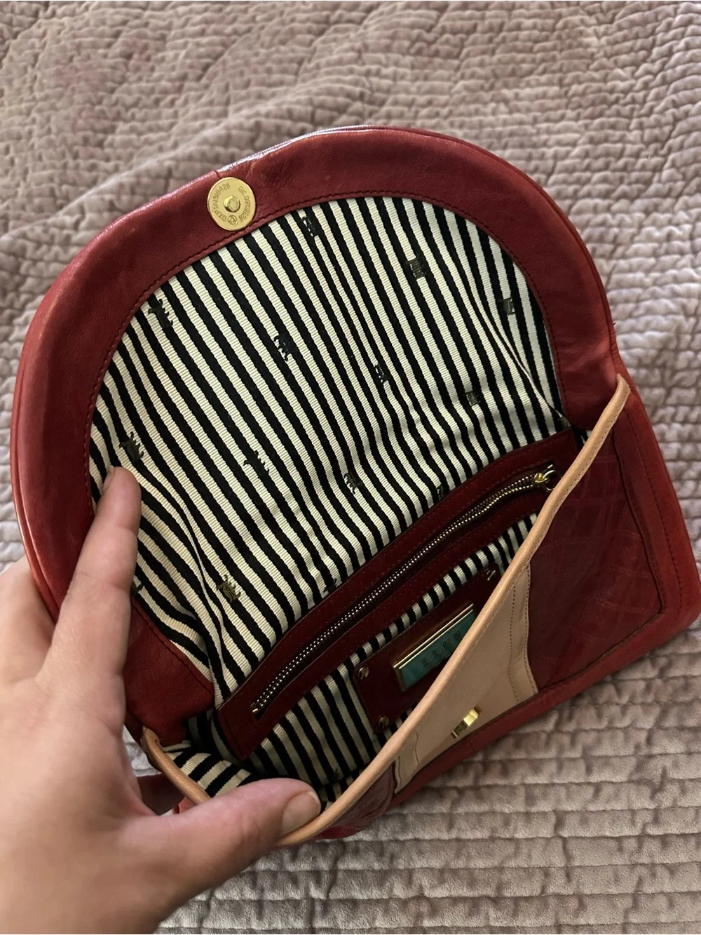 Classic L.A.M.B. Red and pink leather with Striped Black and White Lining